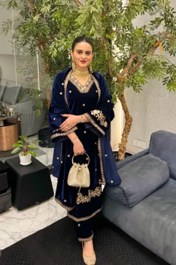 Aashi Jain in ROOHI - Velvet Blue Straight Suit Set